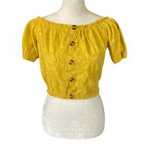 Blashe women's large yellow stretchy short sleeve eyelit pattern crop top